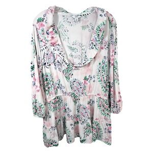Crown & Ivy Plus Size 3X Peasant Top White Pink Floral Paisley Ruffle Boho 1558
